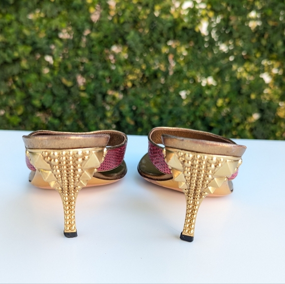 Gucci Pink Lizard Snakeskin Kitten Heel Sandals w/ Gold Studded - Picture 3 of 11